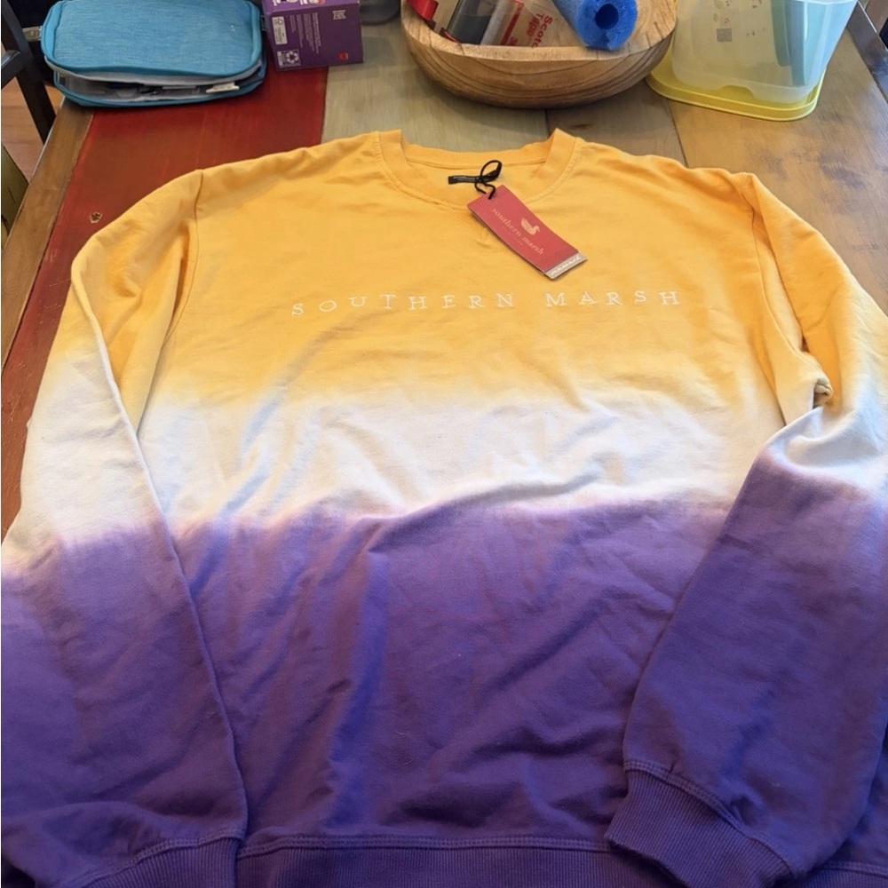 Southern Marsh Men's Yellow to Purple Ombre Crewneck Sweatshirt large